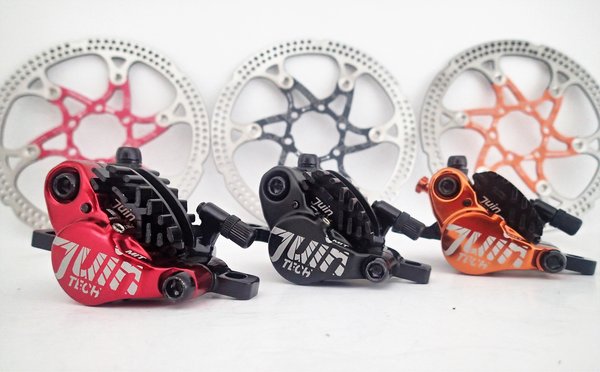 Juin Tech X1 Fahrrad Breme mit austauschbaren Kuhlrippen-Bremsbeläge und Bremsscheiben schwimmend gelagert in Rot Schwarz Orange